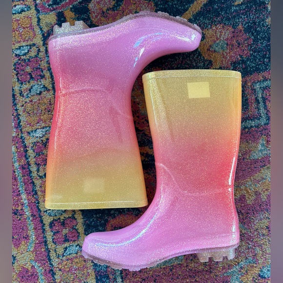 Cat & Jack | Girls Pink/Yellow Ombre Glitter CeCe Calf Length Rain Boots Size 4 - Picture 5 of 15